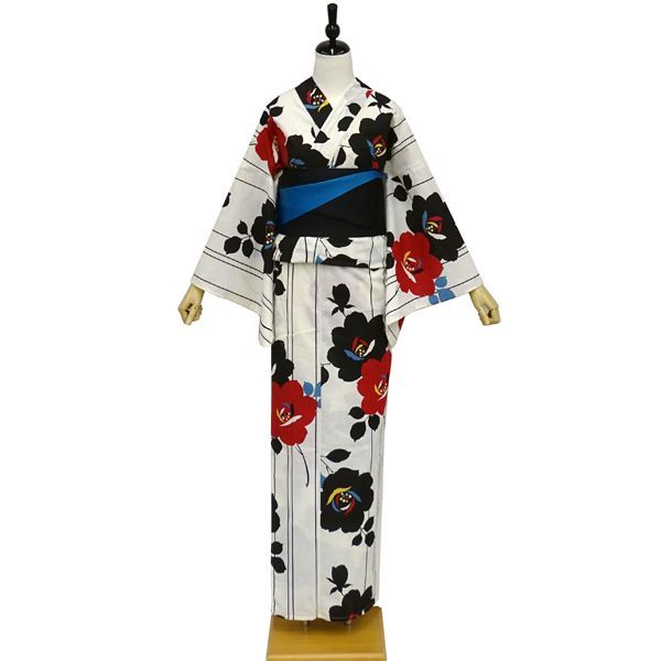 白ネコ浴衣☆黒地 赤い花柄に猫 キュートなモダン浴衣☆赤