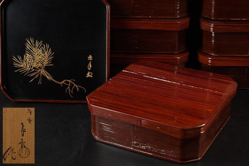 蔵A3610 平安象彦 布目溜塗見返蒔絵 弁当箱 菓子器 十客 共箱