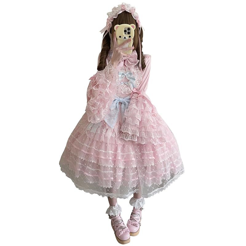 Jundakara ティアード JSK ジャンパースカート カチューシャ付き ロリータ バックリボン レースアップ フリル 夢可愛い ワンピース レディース Lolita ドレス ロリィタ コスチューム コスプレ おしゃれ 春 夏 秋 冬 ピ 1