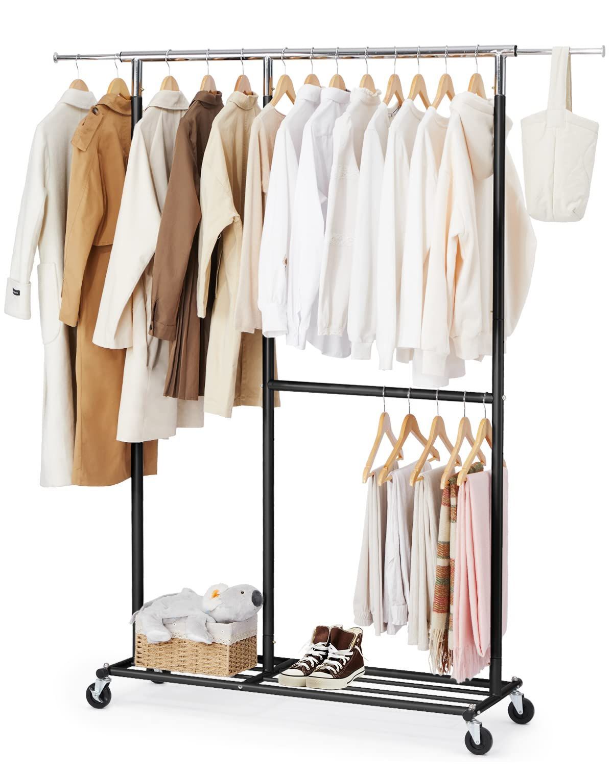 HOKEEPER ハンガーラック パイプハンガーラック 耐荷重150KG 業務用 大容量 収納ラック 物干し スタンド 洋服ハンガー 衣類収納 棚付き 縦横伸縮 高さ調節 ブラック