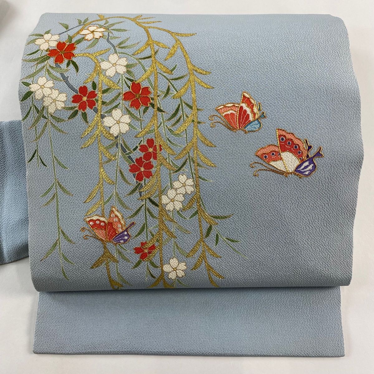 名古屋帯 秀品 枝垂れ桜 蝶 金糸 金彩 水色 正絹