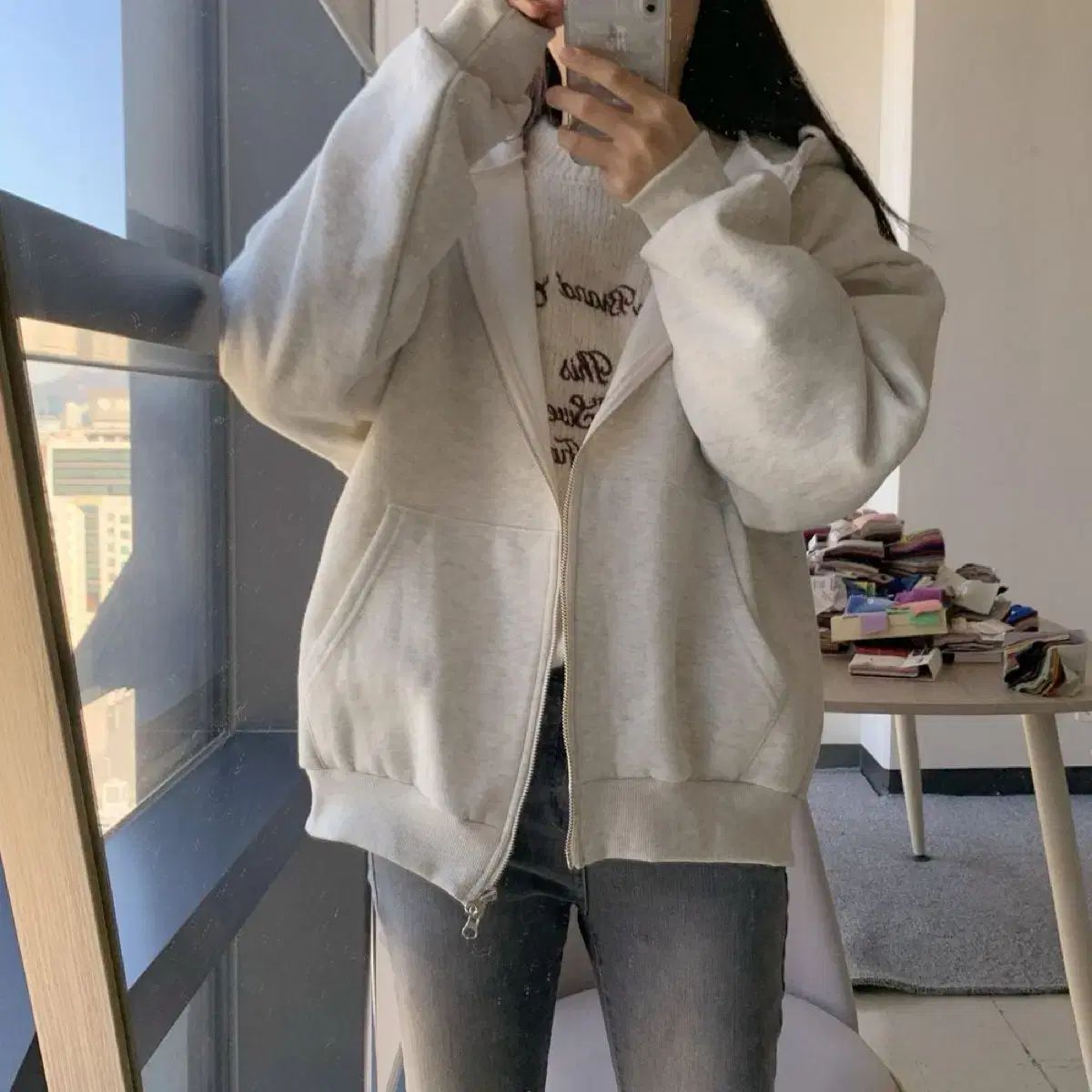  ブランシュ マランカウ 裏起毛 ジップアップパーカー フード付き オートミール パーカー トップス