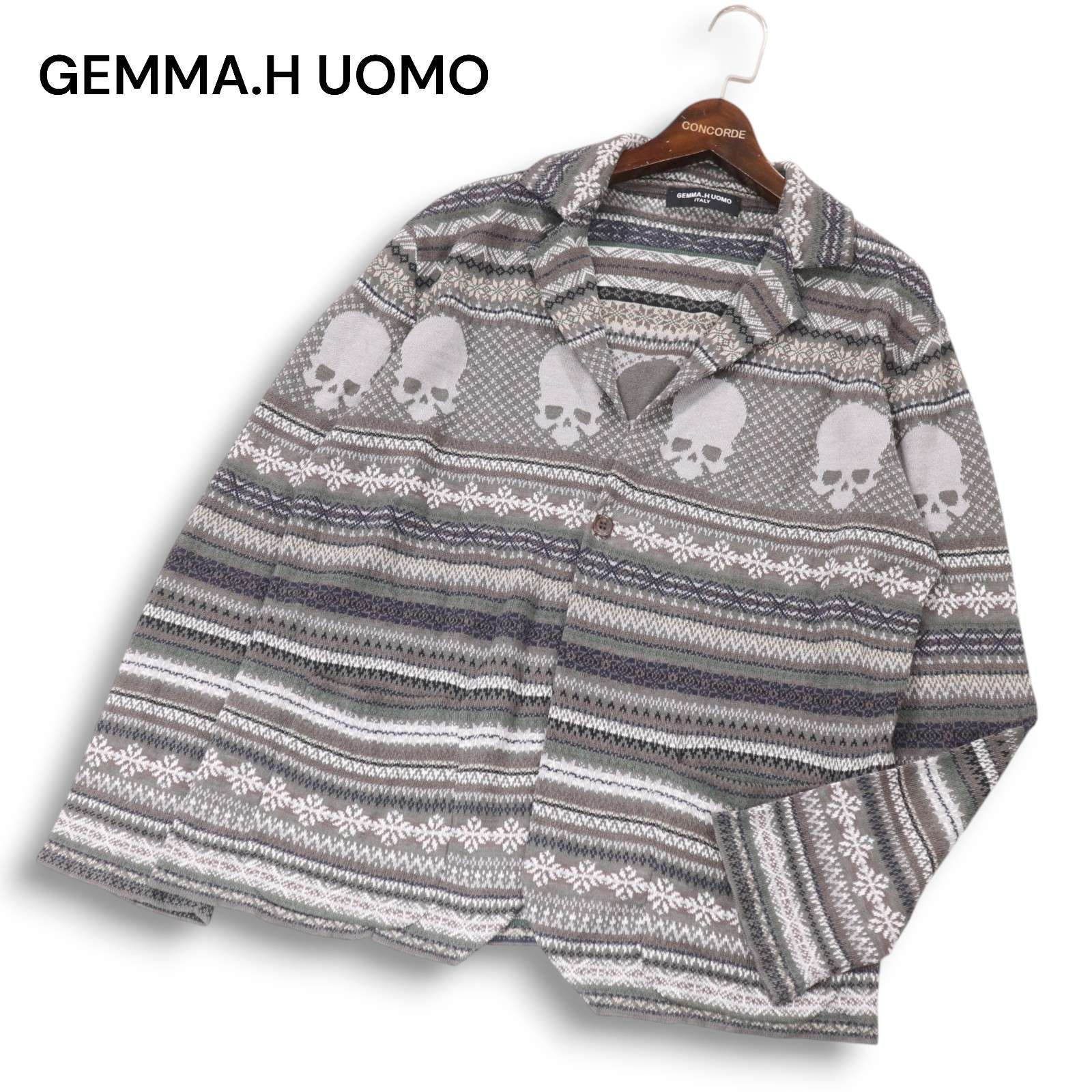 伊製 GEMMA.H UOMO ジャンマアッカウォモ 春夏 麻100% スカル ノルディック柄 リネン ニット ジャケット Sz.L　メンズ