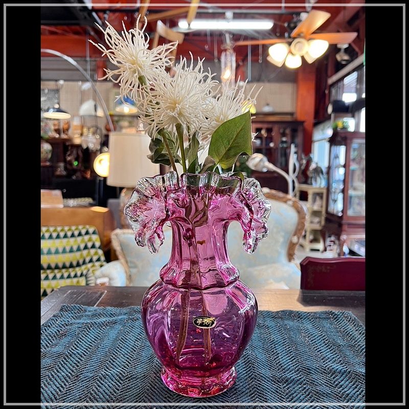 レトロ 花瓶 ピンク色 ガラスビン フリル フラワーベース かわいい ...