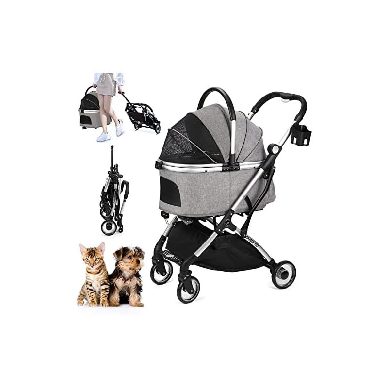 SKISOPGO ペットカート ペットベビーカー 収納バスケット 犬 バギー 猫バギー ワンタッチ 折りたたみ 犬用カート ペットキャリーカート 飛び出し防止 カート 犬用 組立簡単 多機能 犬 ベビーカー 小型犬 軽量 老犬介護用 耐荷重20KG ペット 1