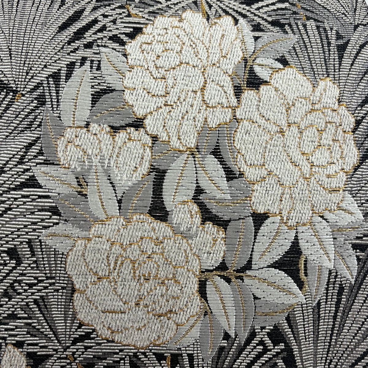 袋帯 手先ニ通り 花丸文 葉柄 金銀糸 黒 全通 正絹