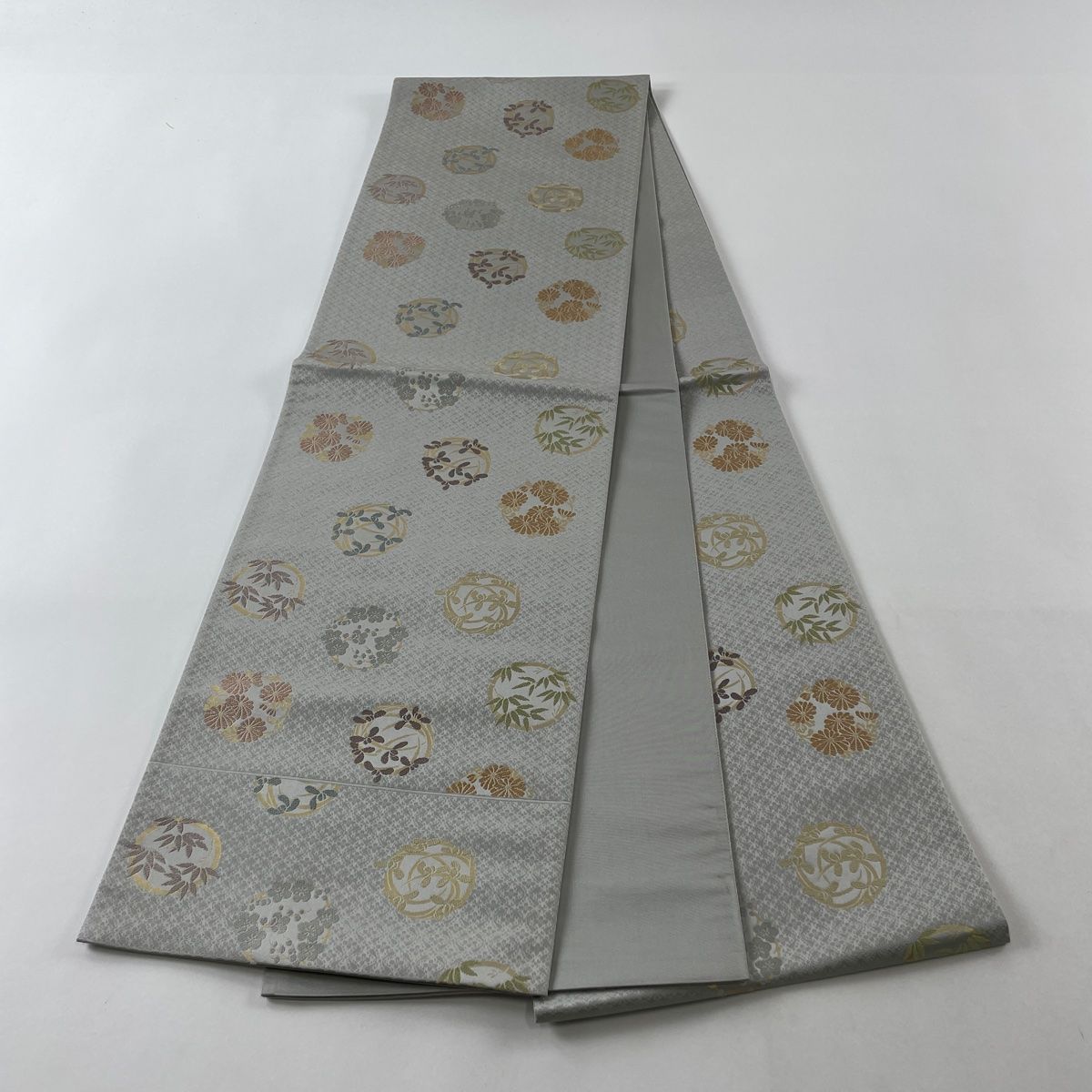 袋帯 名品 箔屋清兵衛 落款 草木染 花丸文 松竹梅 刺繍 箔 灰色