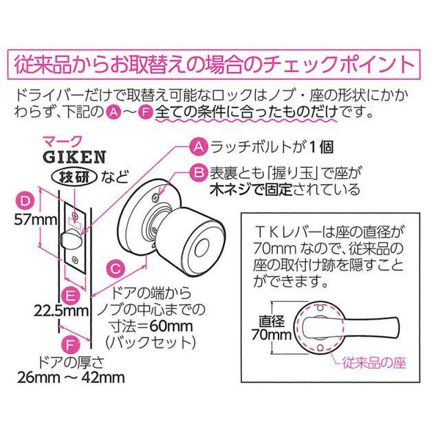 川口技研 取替用レバーハンドル TKレバー 表示錠（トイレ用）DT1-4M バックセット60ｍｍ