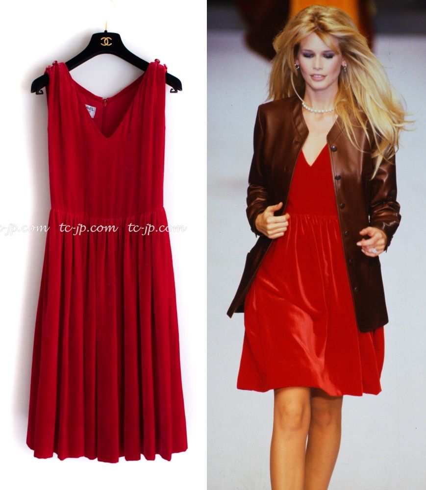 シャネル CHANEL スーパーモデル レッドベルベットワンピース 38 40 シャネル ドレス ワンピース CHANEL スーパーモデルのレッド