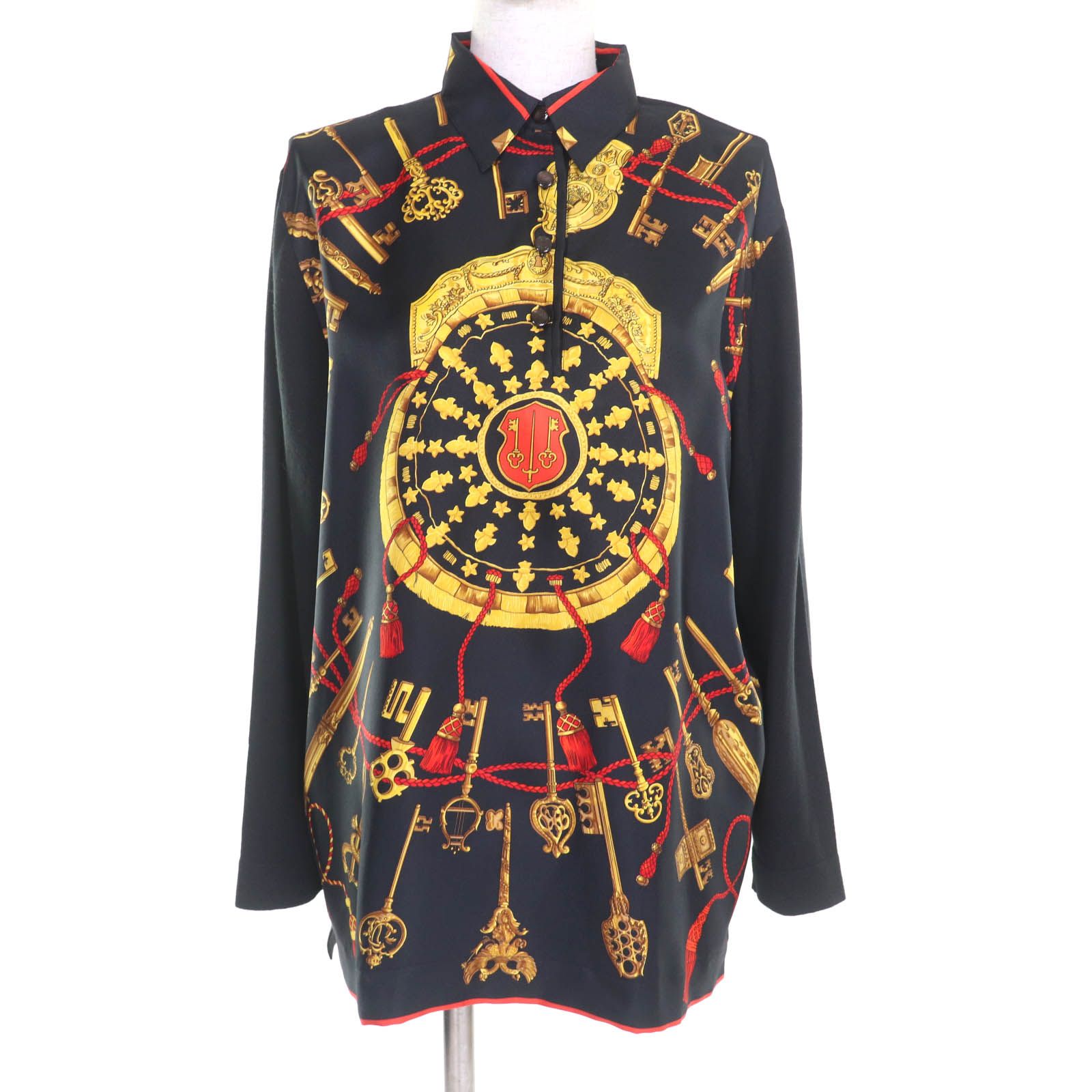 HERMES エルメス LES CLES THE KEYS RARE シルク カシミヤ混 ツイルレーヌ 長袖ポロシャツ ブラック M イタリア製 正規品 レディース
