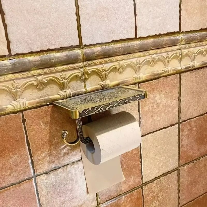新品未使用トイレットペーパーホルダー ブロンズ ゴールド ヴィンテージ調 レトロ調 ヨーロピアンインテリア DIY 取り付け 収納棚付き 壁掛け バスル