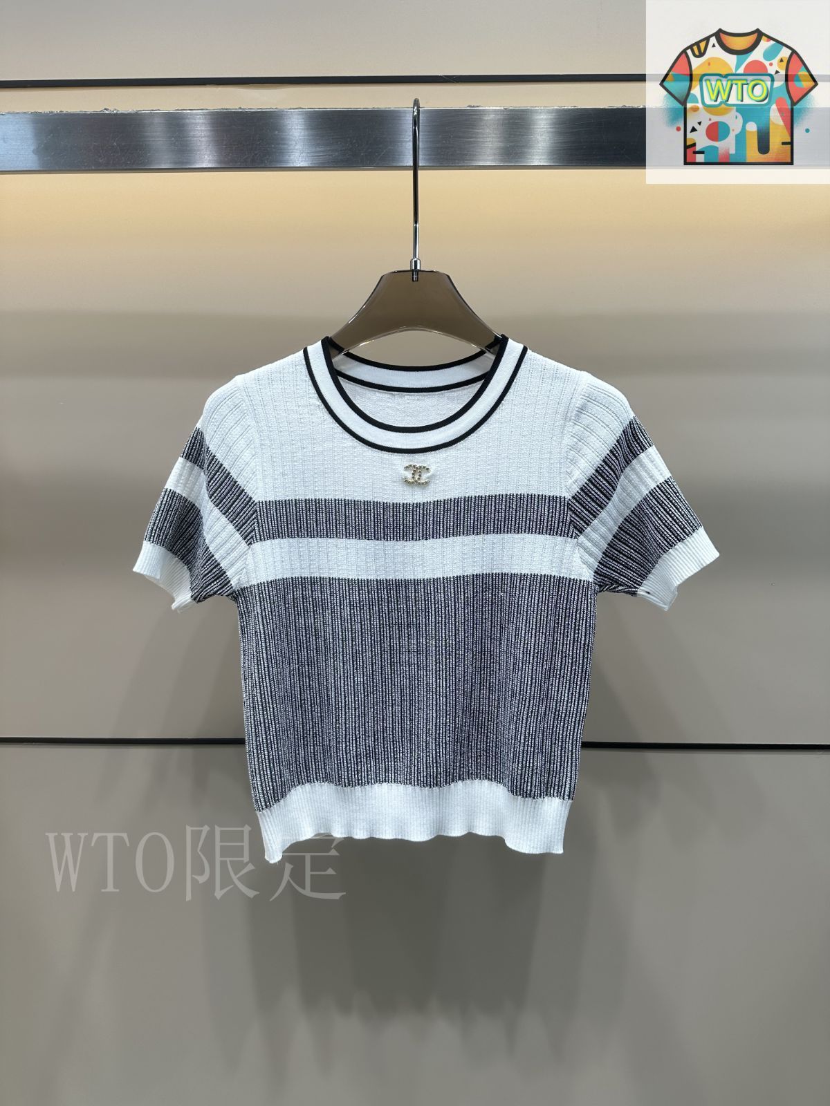 シャネルストライプ 半袖Tシャツ 36 今日特価】Chanel シャネル ストライプカラーブロックニット短袖