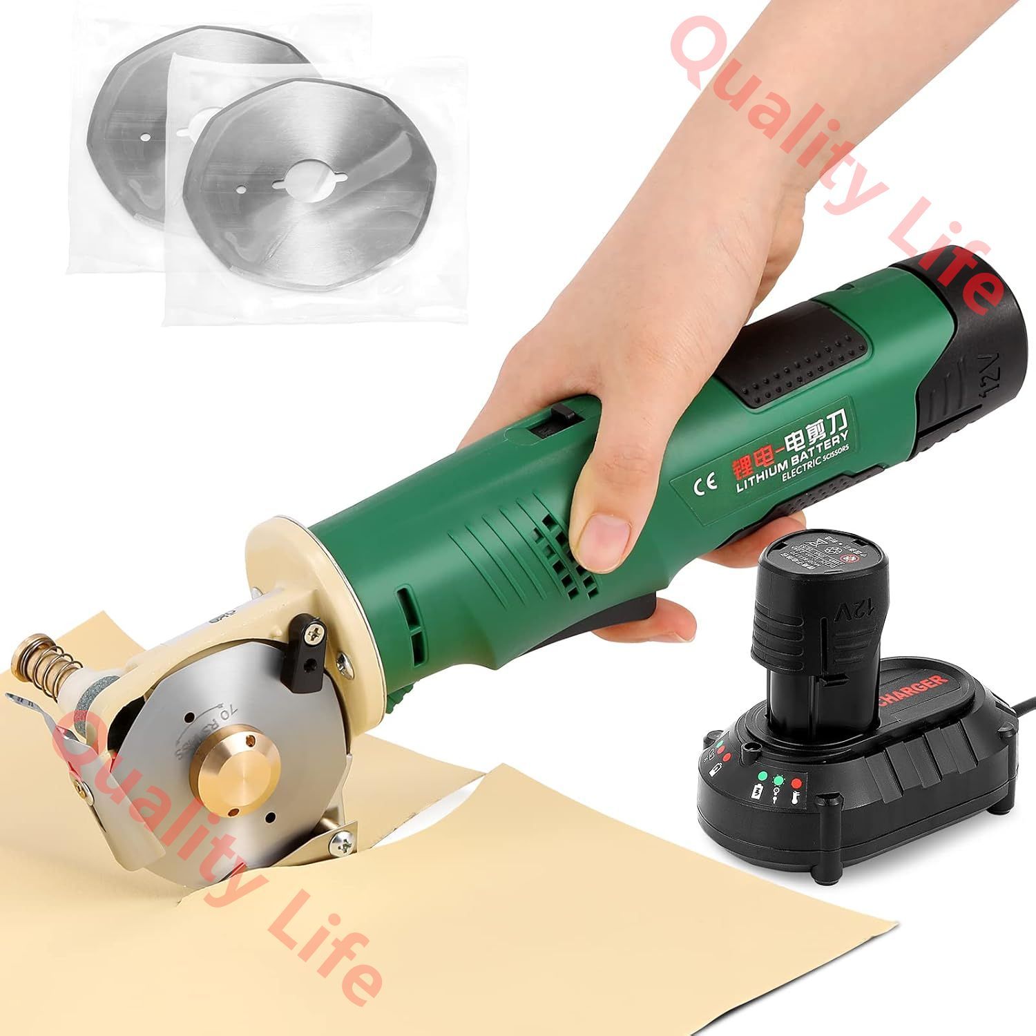 電池式 電動カッター コードレス 切断厚み25mm 軽量 170W 1400rpm 手持ち式裁断機 φ70替刃2枚付き 布|レザー|合皮|雑材|段ボールに適用 工事不要 日本語説明書付き φ70 2000mAH PSE認証济