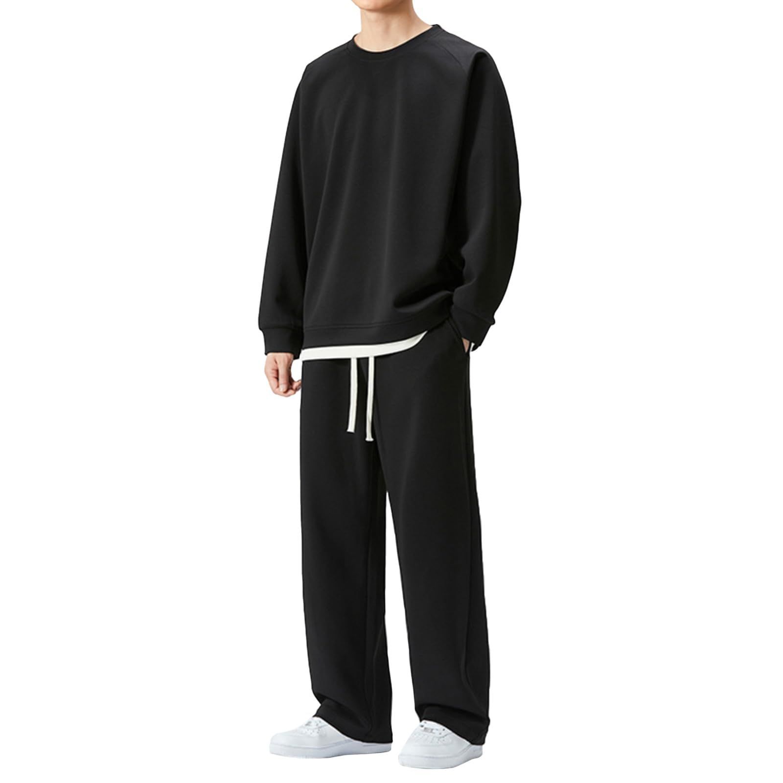 Size L_Color ブラック ユニベイズ ルームウェア メンズ 上下セット 長袖 薄手 スウェット セットアップ 部屋着 フェイクレイヤード 春 秋 冬 JP アルファベット L ブラック
