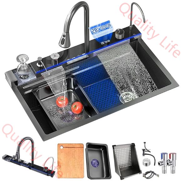 キッチンシンク 大容量 二重滝シンク LED温度と使用時間表示 ハニカム ナノ キッチンシンク 304ステンレスシンク 蛇口付き シンクセット 野菜洗面器 台所 家庭用 業務用 台所用流し台 住宅改善用 68X45X22CM