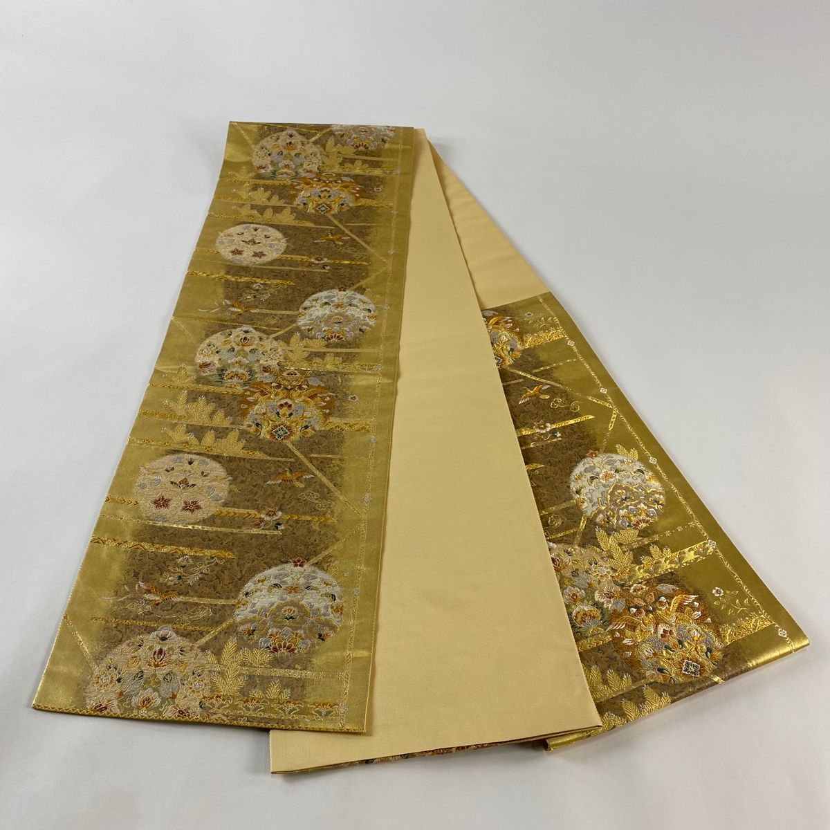 袋帯 美品 秀品 丸文 花鳥 刺繍 金銀糸 金色 六通 正絹 【中古
