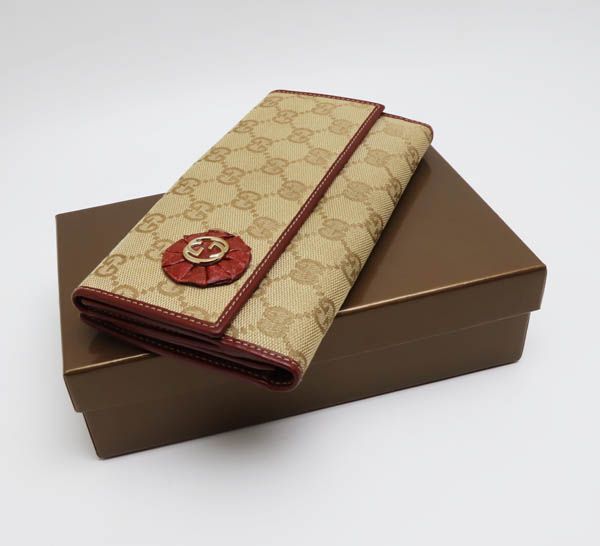 GUCCI 二つ折り財布 レッド/ベージュ グッチ Wホック二つ折り長財布 GGキャンバス ベージュ/レッド