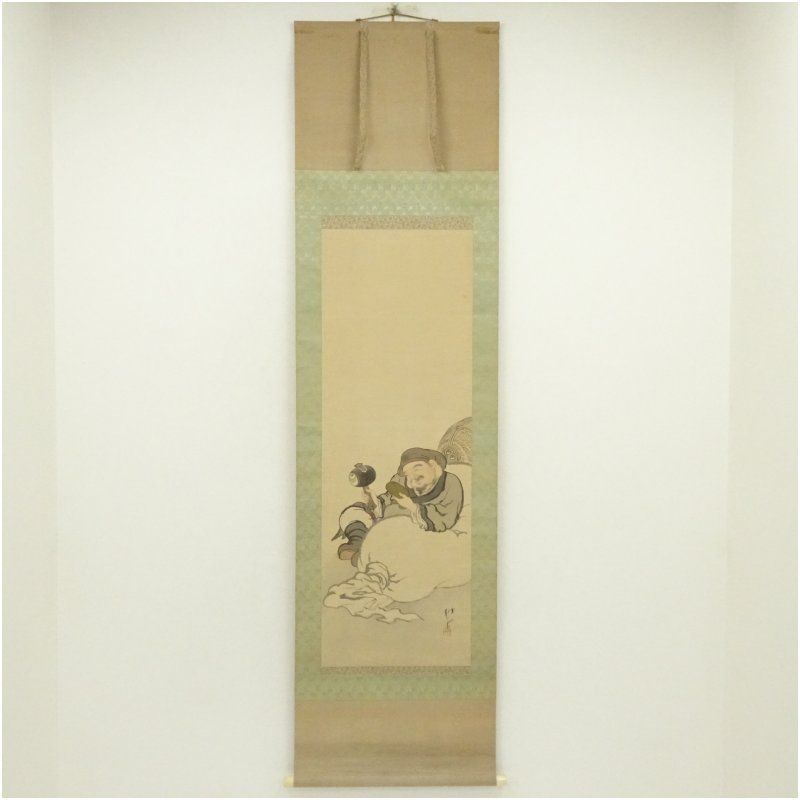 尾竹越堂筆 大黒天 肉筆絹本掛軸 共箱 掛け軸 床の間 書 おしゃれ 絵画 表具 芸術 茶道 年中掛け インテリア 茶掛 掛物 和室