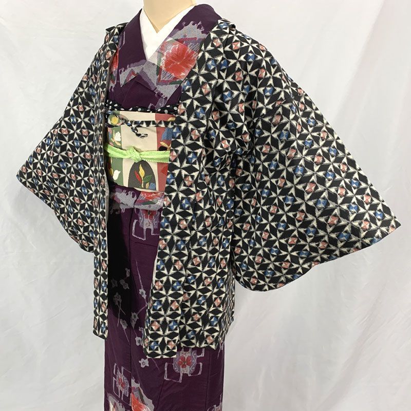 410aa14◇Haori Kimono アンティーク 羽織 花七宝 銘仙 昭和レトロ 大正ロマン 和洋コーデにも◇美品