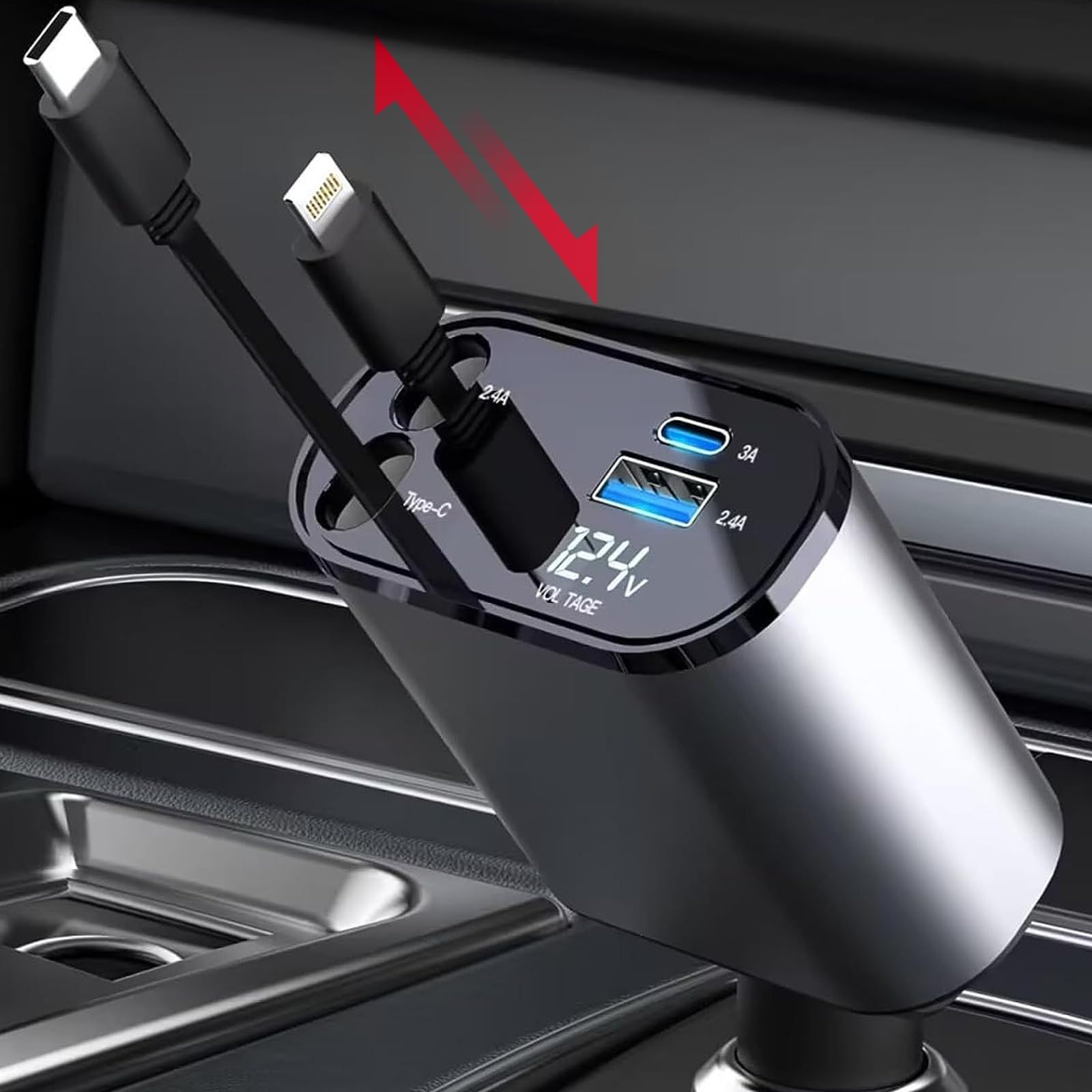 車 充電器シガーソケット USB【2023新版】巻き取り式ケーブル2本付き(80cm）【Type-C 100W/Lightning 20W急速充電】4ポート カーチャージャー 4台同時に充電 対応iPhone 15/14/13/12 Galax
