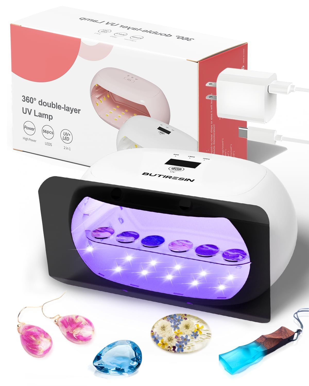 - 2in1 ライト 両面照射 360度光源60W 長時間タイマー設定 60秒 180秒 300秒 56個のLED搭載 長時間タイマー設定 LED表示画面付き DIYクラフト レジン レジン ライト UVランプ UV 超強力 白 BUTIR
