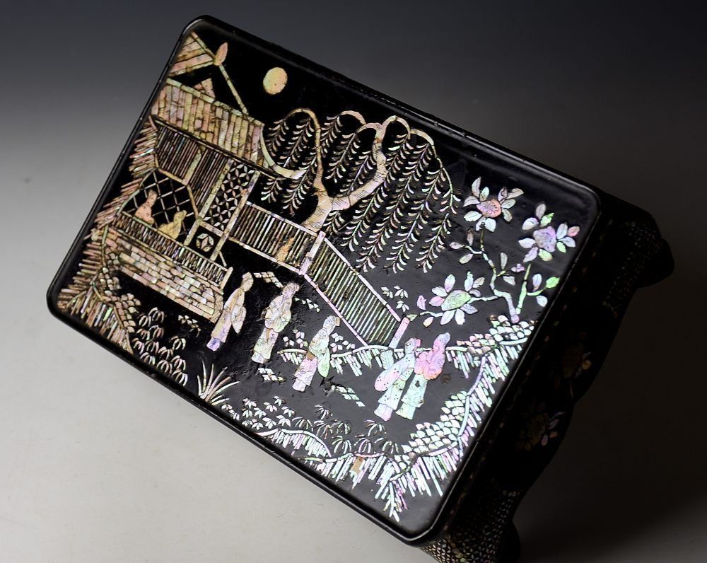 蔵A5496 中国古美術 細密青貝螺鈿卓 古箱 清朝期