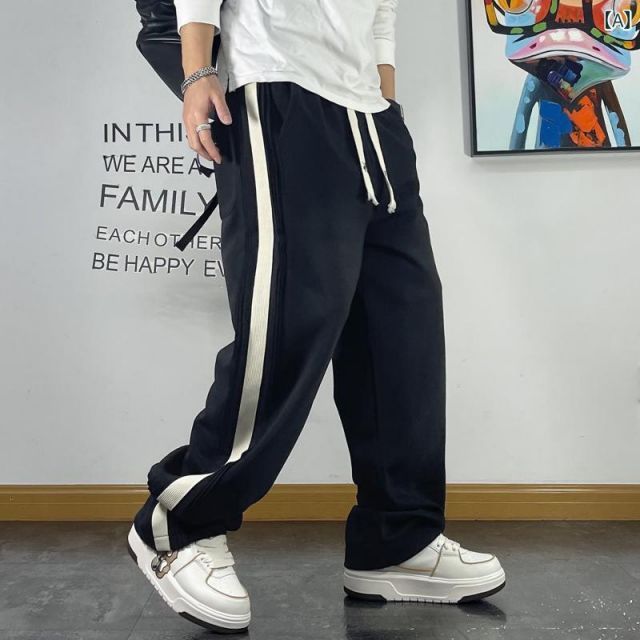 メンズ 男性用 ファッション オシャレ シンプル 大人 かっこいい ストリート ヒップホップ HipHop ストライプ ドレープ ストレート パンツ ルーズ アメカジ パンツ 春秋 ウォッシュ スポーツ パンツ
