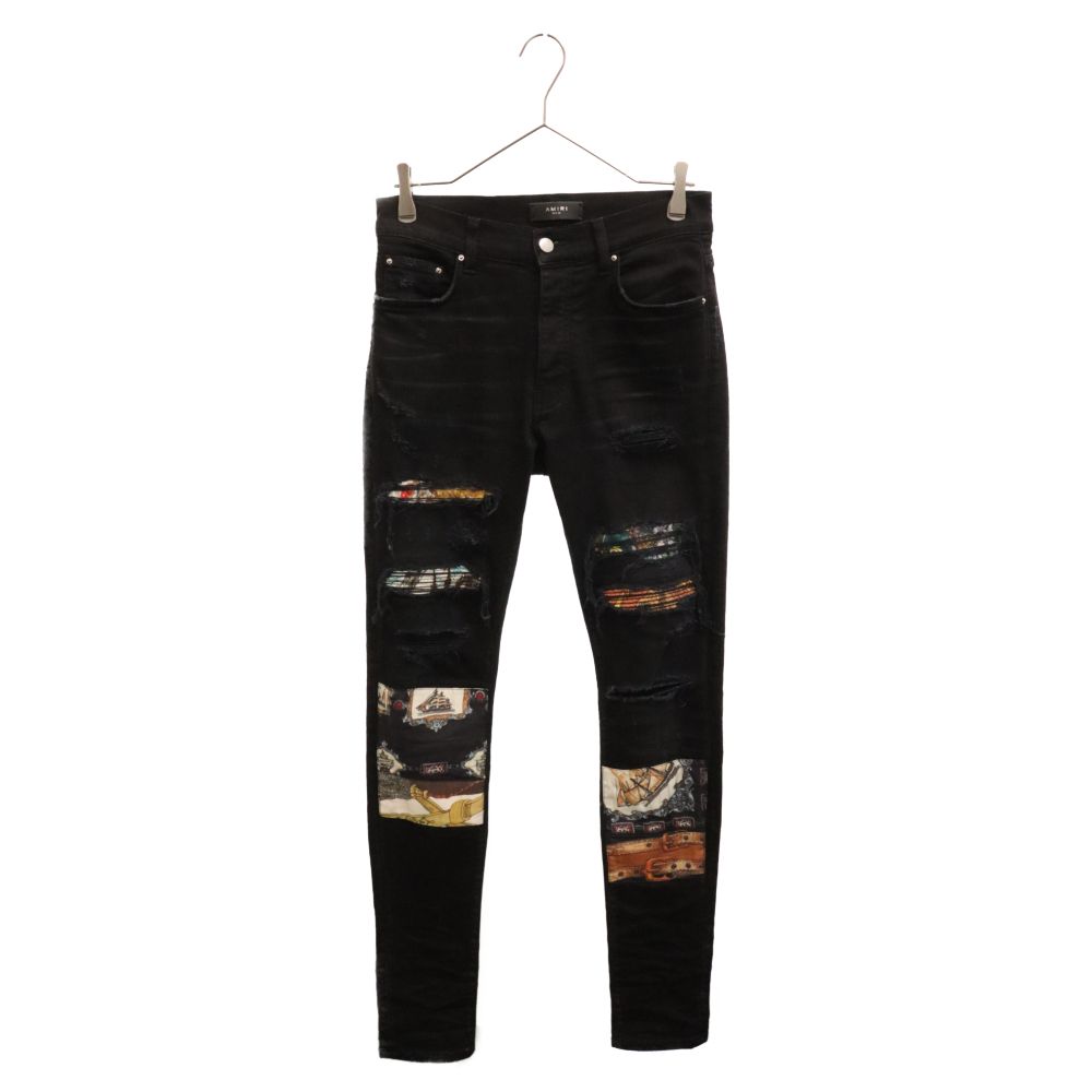 AMIRI アミリ Scarves Art Patch Jeans スカーフアートパッチ 蛇腹 スキニーデニムパンツ ブラック AMIRI (アミリ) Scarves Art Patch Jeans スカーフアートパッチ 蛇腹