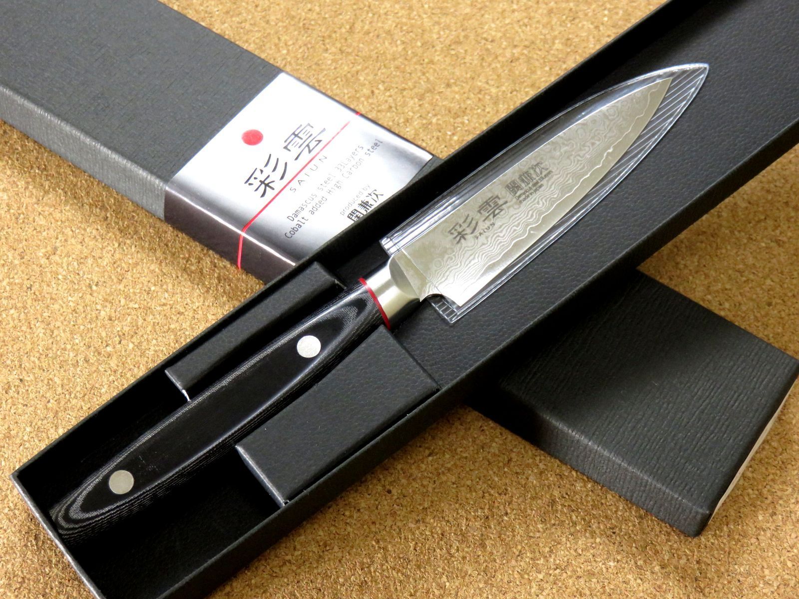 関の刃物 パーリングナイフ 90mm 三昧 波目 ダマスカス33層 小型両刃 ...