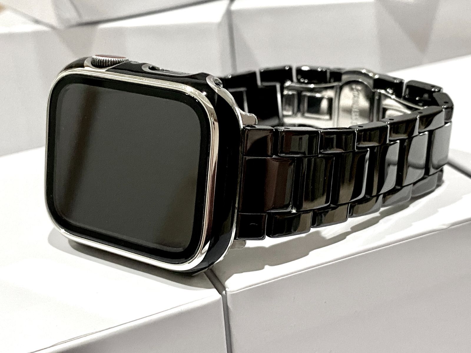 黒セラミック×ブラックカバーシルバーライン アップルウォッチバンド セラミックベルト Apple Watch用カバーケース　38　40　41　42　44　45　49　SE 1/2/3 Ultra1/2/3 保護付