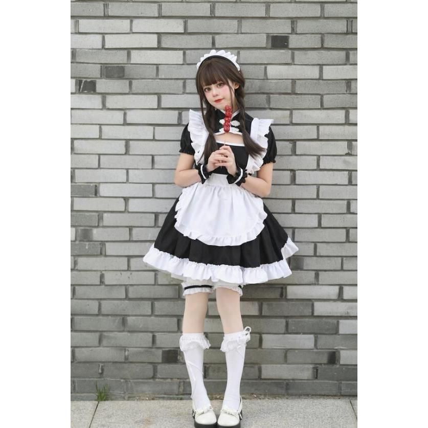 メイド服 メイドコス ロリータ メイド服 半袖 膝丈 ショート丈 ワンピース ロリータ服 チャイナカラー 穴開け 中華風 エプロンウェイトレス ハロウィン コスプレ