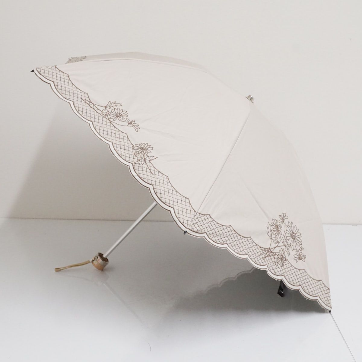 【未使用】ニナリッチ 折り畳み傘 日傘 1級 サマーシールド 花柄 刺繍 ③ NINA RICCI（ニナリッチ）】花柄刺しゅう晴雨兼用パラソル