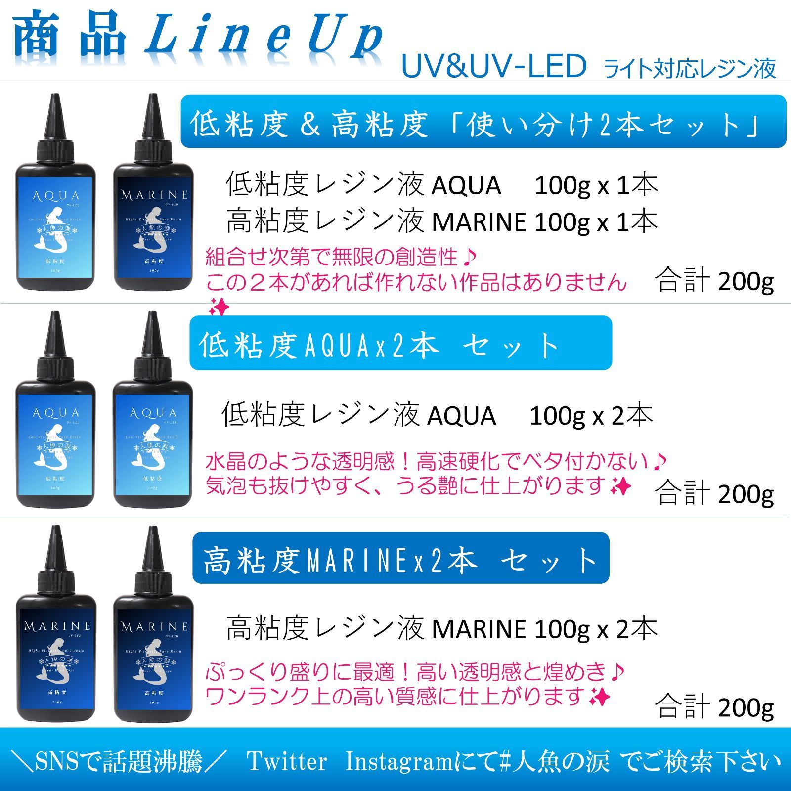 人魚の涙 UV LED レジン液 低粘度AQUA 100gx8本 セット - 人魚の涙