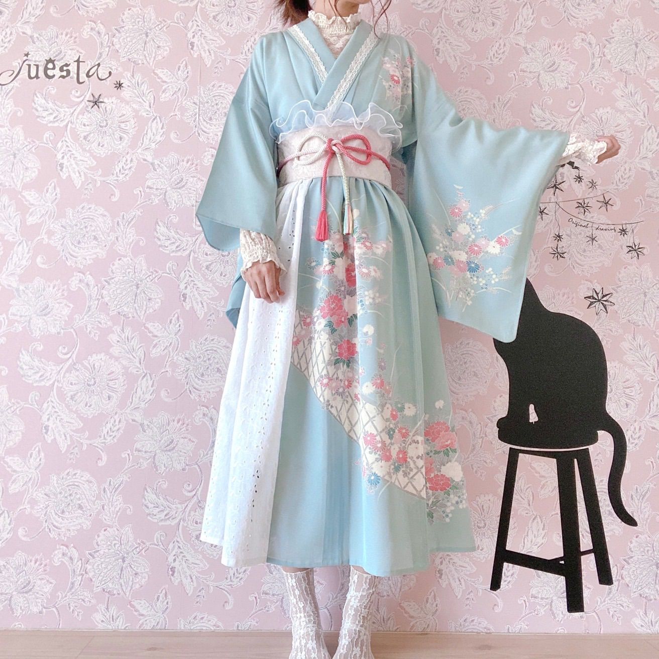 着物リメイクセットアップ 水色系 帯ベルトと帯飾り付き