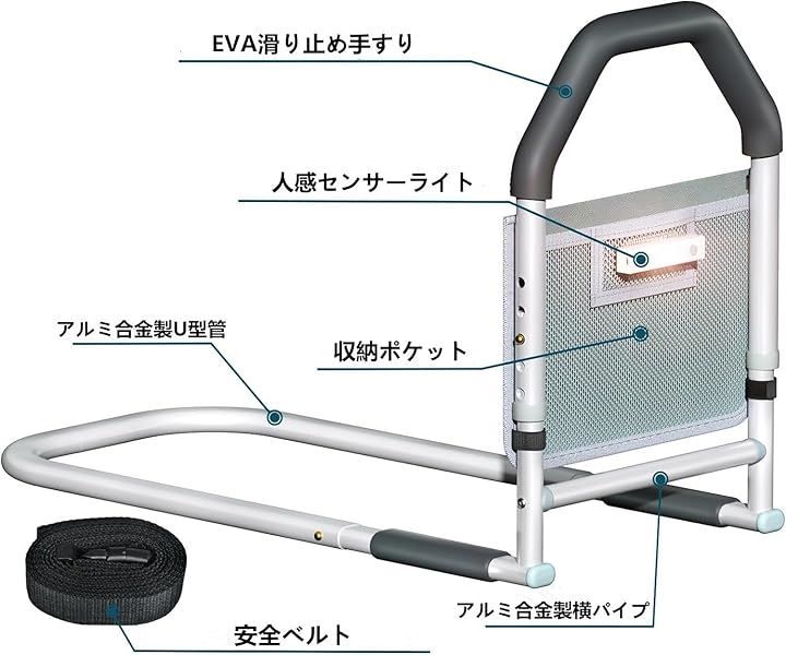 Ayutong ベッドガード ベッド補助手すり 大人介護用手すり 5段高さ調節可能 ベッド柵用 落下防止 立ち上がり補助 耐荷重150KG 人感センサーライト ストラップ 小物整理バッグ付き 高齢者 組立簡単( グレーホワイト,  ミディアム)