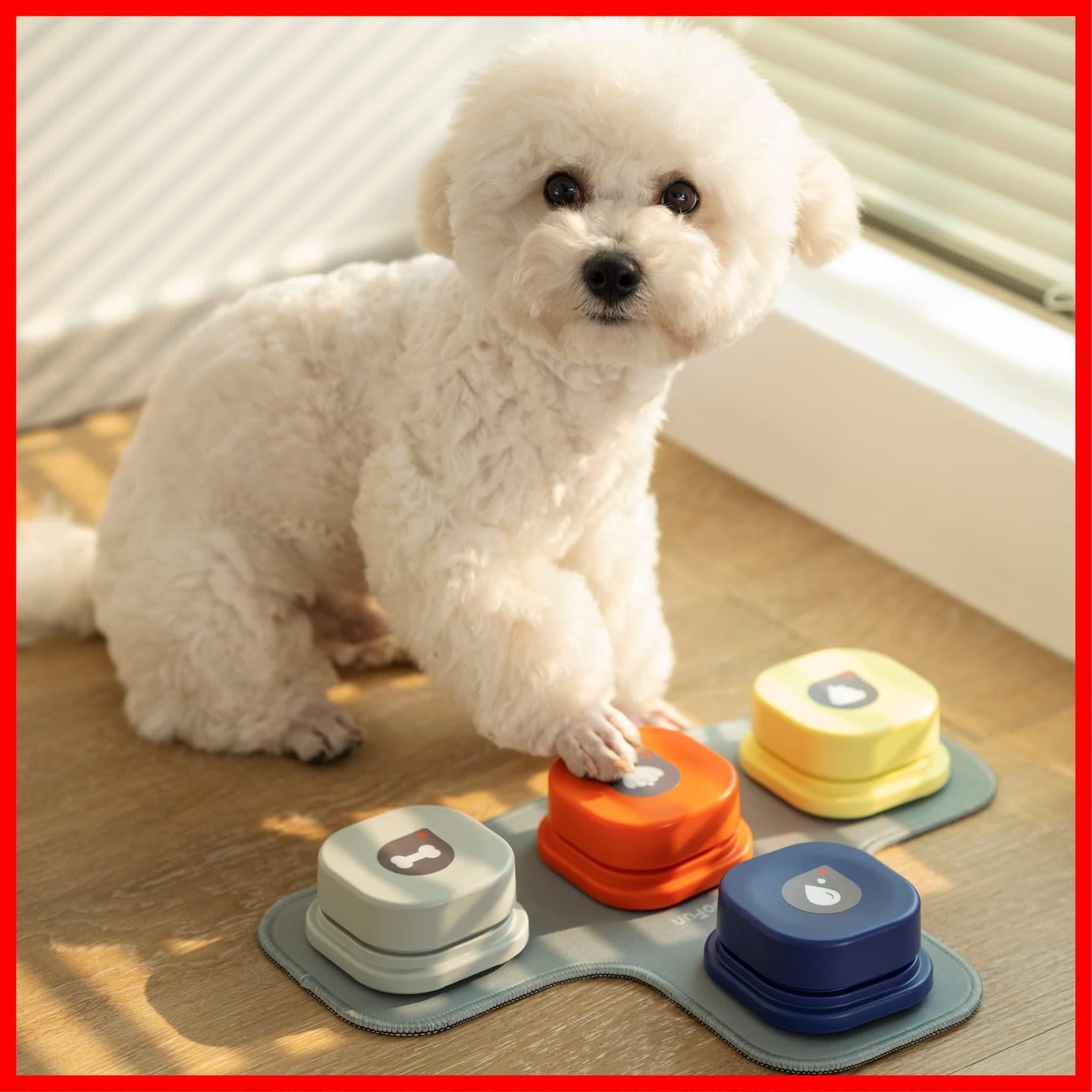 MEWOOFUN 犬用 録音ボタン 会話ボタン 音声ボタン ベル コミュニケーション トレーニング しつけ訓練 ペット 知育 おもちゃ ４色セット 天然ゴムマット付き
