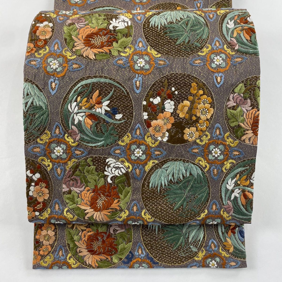 袋帯 枝花 笹 刺繍 金糸 灰紫 六通 正絹