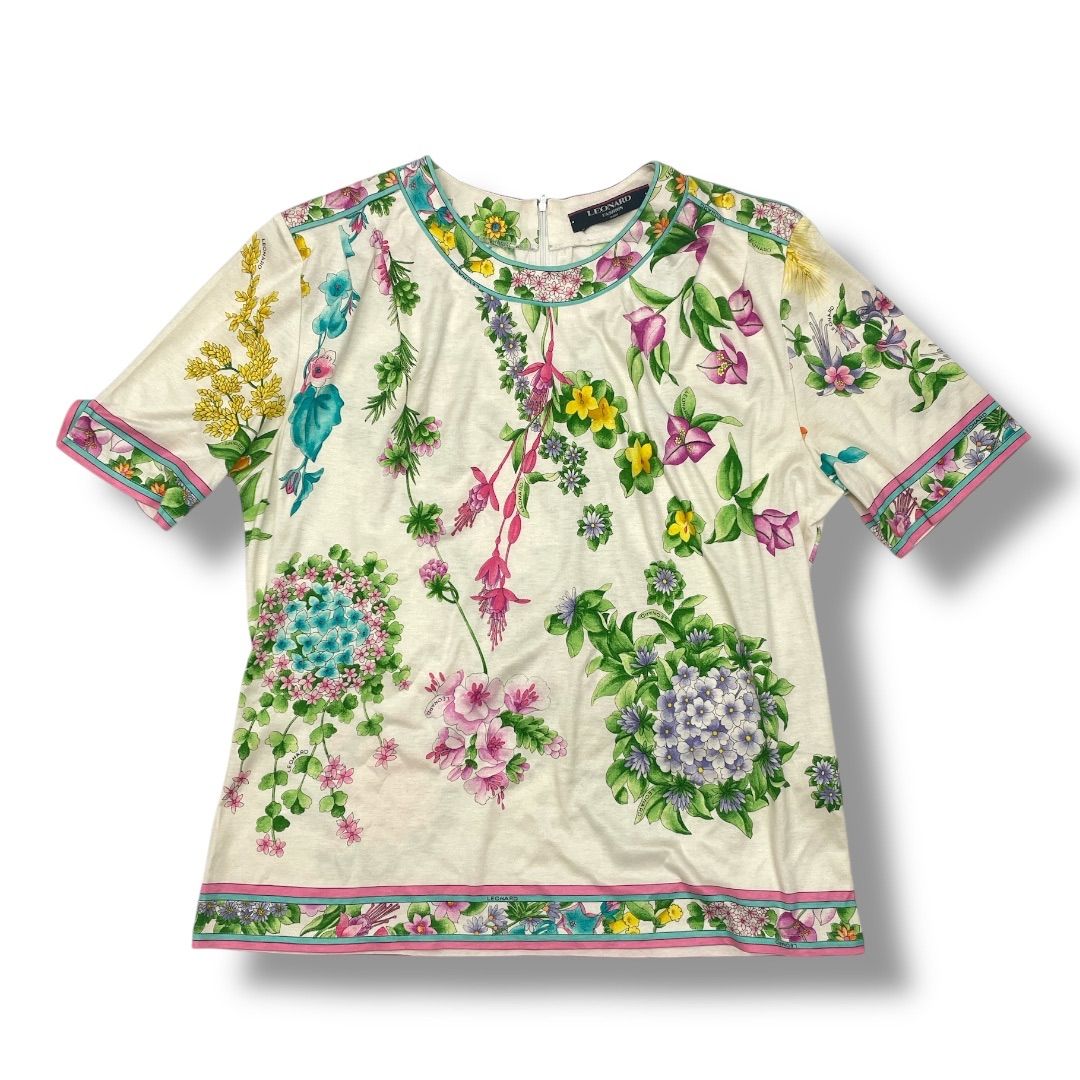 LEONARD レオナール　総花柄　ボタニカル半袖　トップス　コットン　L LEONARD レオナール 総花柄 ボタニカル半袖 トップス コットン L