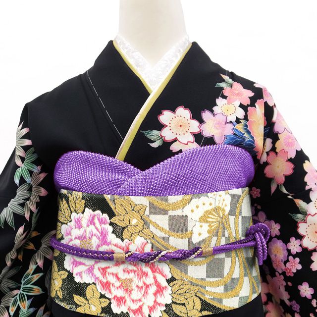 すごい値！袋帯 振袖用 京都 西陣 金糸 ラメ糸 黒 グレー 牡丹 蝶 六通柄 フォーマル 成人式 二十歳 中古 仕立て上がり みやがわ neb00489 中古】すごい値！ 袋帯 振袖用 京都 西陣 金糸 ラメ糸 黒 グレー 牡丹