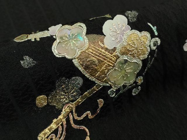 平和屋着物■極上　訪問着　ロング丈　螺鈿　籬楽器花文　黒地　金彩　さが美扱い　逸品　DZAA9237kh5 平和屋着物□極上 訪問着 ロング丈 螺鈿 籬楽器花文 黒地 金彩 さが美