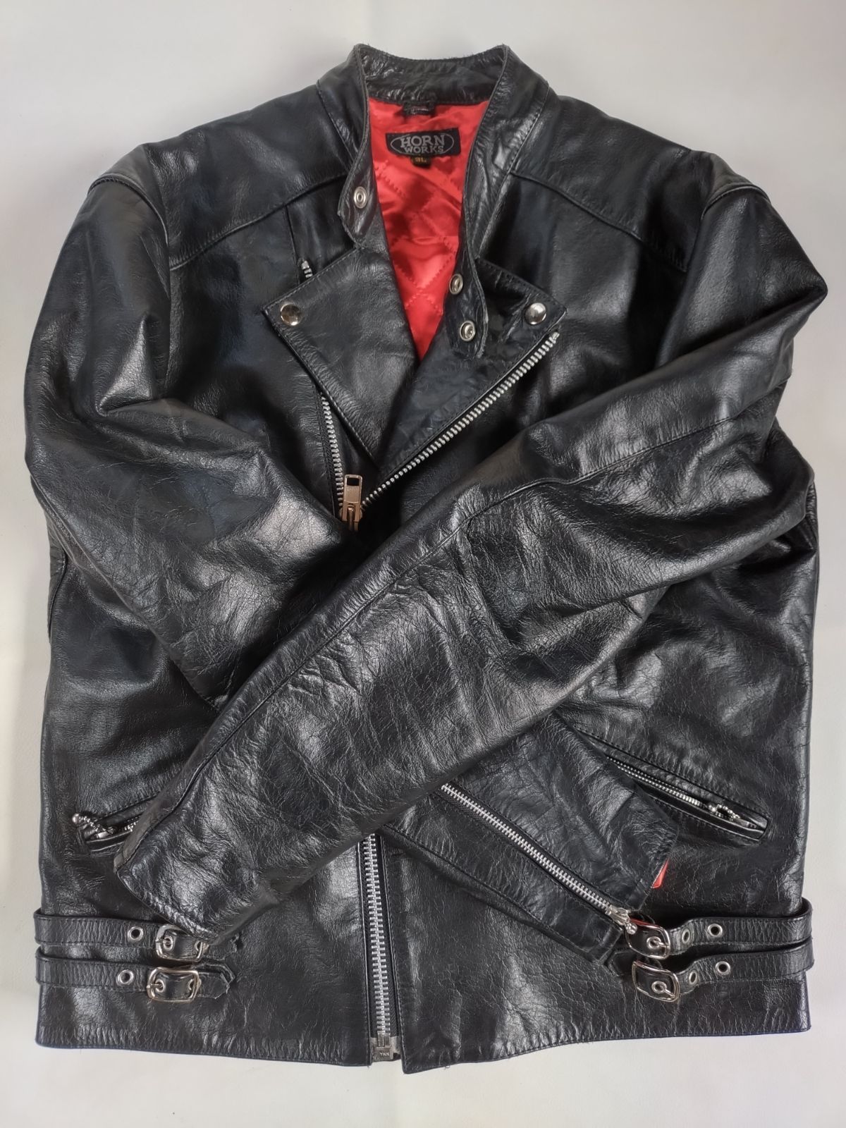 HORN WORKS ダブルライダースジャケット 3L ブラック 牛革 3L】HORN WORKS レザー ダブル ライダース ジャケット 黒
