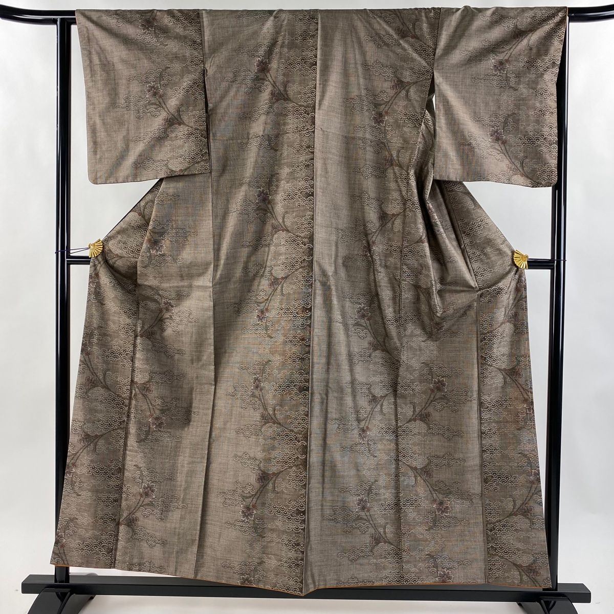 紬 身丈155cm 裄丈64cm M 袷 青海波 草花 焦茶色 正絹 名品