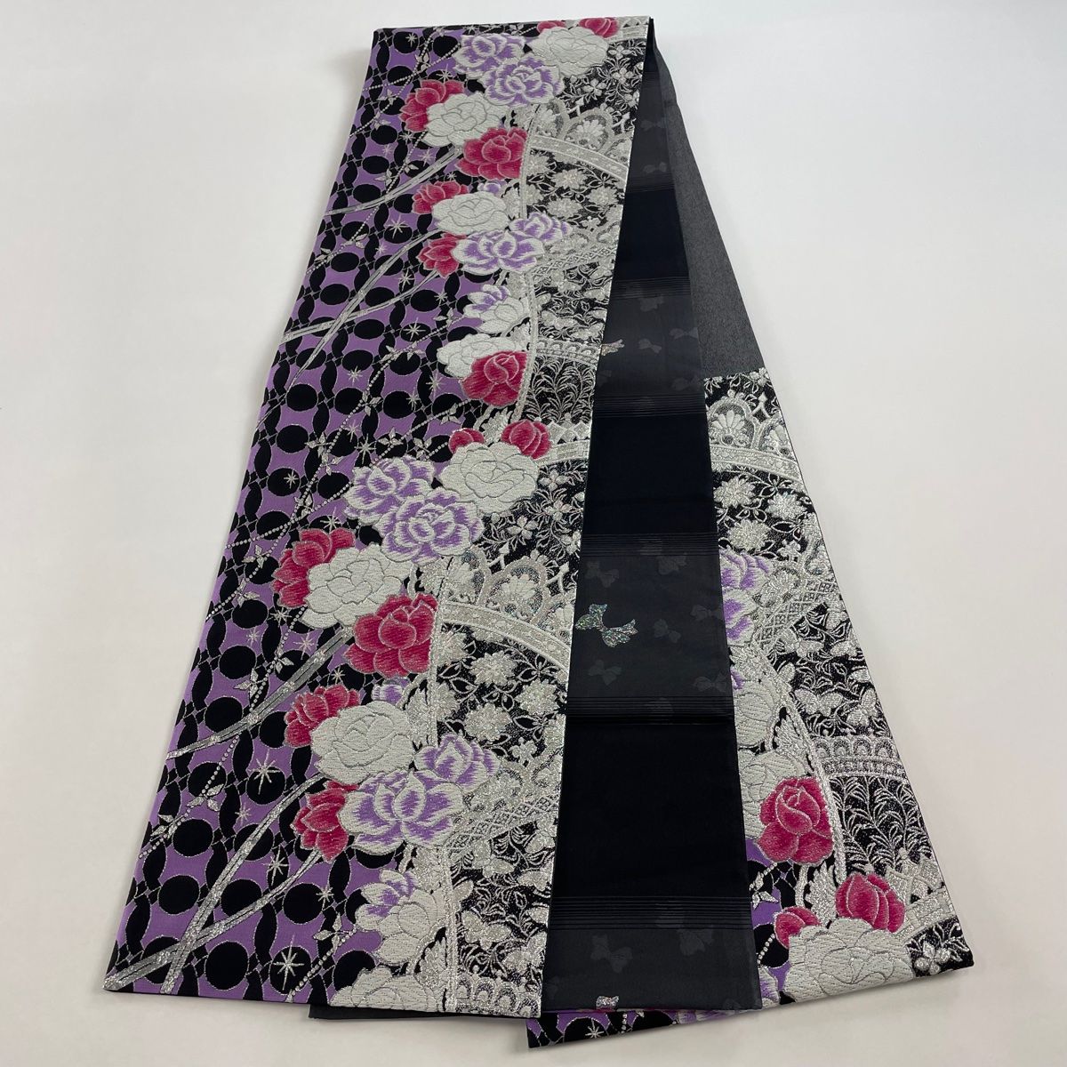 袋帯 美品 秀品 振袖向き 草花 蝶 銀糸 唐織 紫 六通 正絹