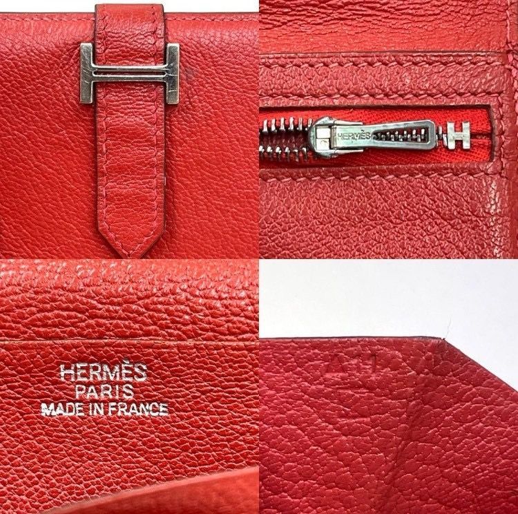 エルメス ベアンコンパクト シェーブル 赤 シルバー金具 折り財布 □I