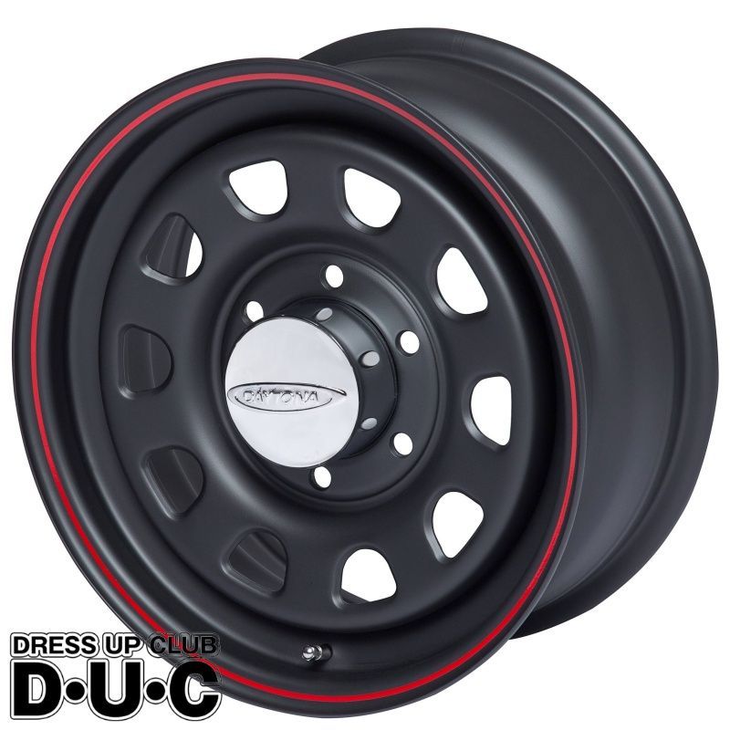 ハイエース 15インチホイールセット デイトナ 15-6.0+33 マットブラック+レッドリングONLY メッキキャップ付 高強度スチール製4本セット  DressUpClub特注色