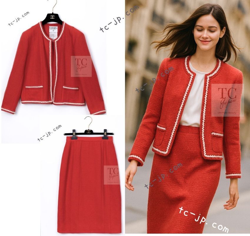 シャネル ヴィンテージ ジャケット スーツ CHANEL レッド アイボリー