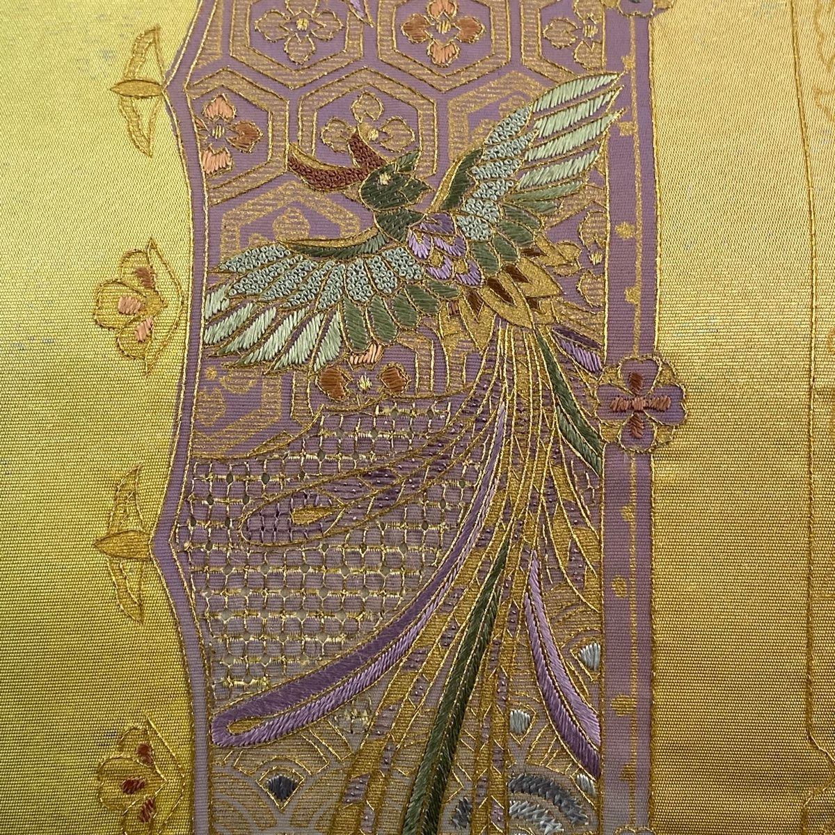 袋帯 美品 逸品 鳳凰 華文 金糸 明綴れ 灰色 お太鼓柄 正絹 中古
