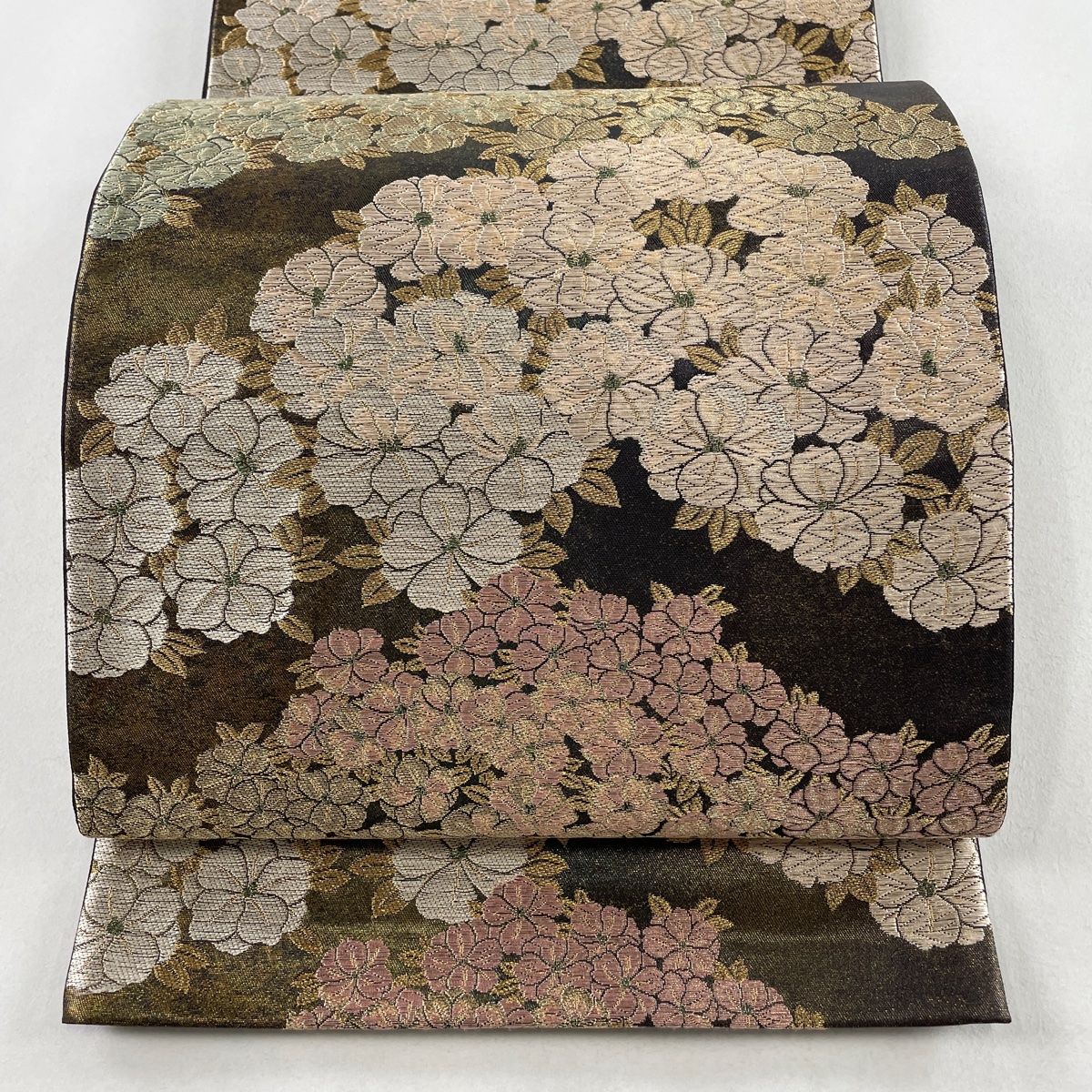 袋帯 美品 秀品 草花 唐織 金糸 焦茶色 六通 正絹 【中古