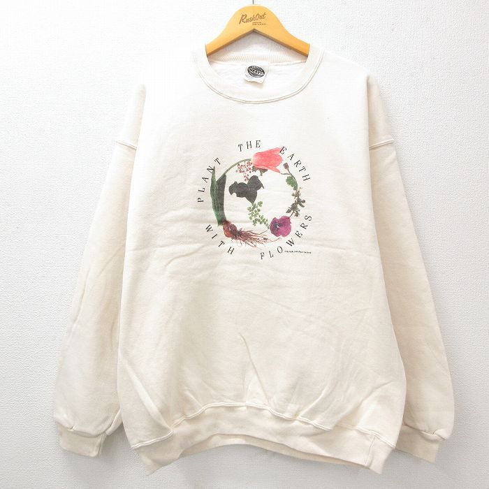 XL/古着 長袖 スウェット メンズ 90s 花 大きいサイズ クルーネック 生成り 24sep09 中古 スエット トレーナー トップス