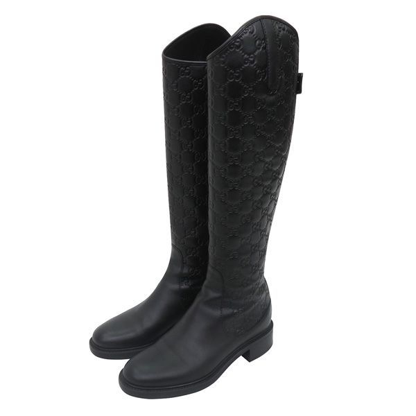 ♥ GUCCI グッチ GG 総柄 シマ レザー ロング ブーツ サイズ35.5 ブラック 黒 ロゴ バックファスナー 47485